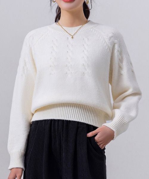 DAY CLOSET（デイ クローゼット）の「レディース 長袖まろやかケーブル編みハイゲージリブニットプルオーバー（ニット/セーター・レディース・ネイビー/キナリ/グレー/レッド/ホワイト・FREE）」の6枚目の写真