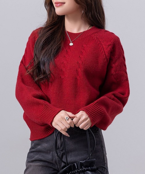 新品☆marie claireSPORT レディース ジップアップセーター赤 セール】レディース 長袖まろやかケーブル編みハイゲージリブニット