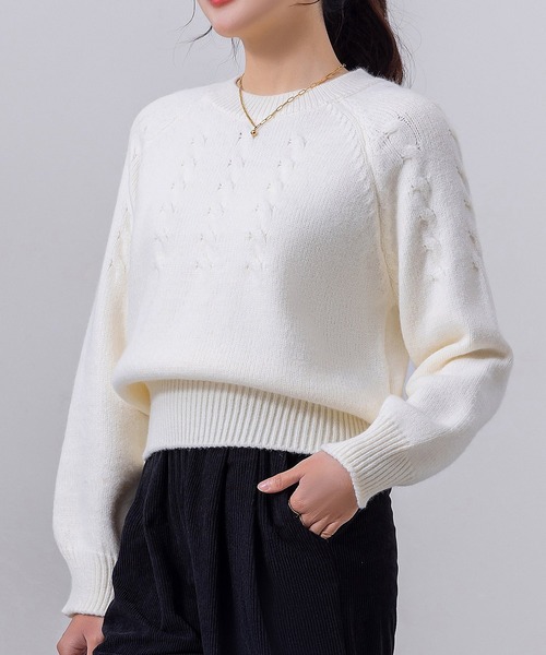 セール】レディース 長袖まろやかケーブル編みハイゲージリブニット