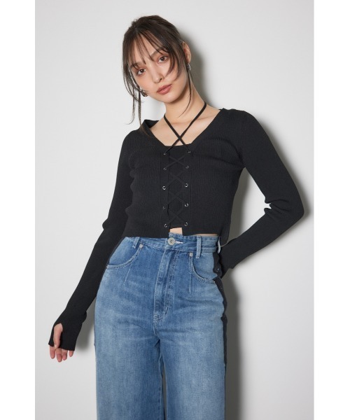 rienda（リエンダ）の「レースアップリブニットトップス（ニット/セーター・レディース・ブラック/ライトブルー/ホワイト/ベージュ・FREE）」の22枚目の写真