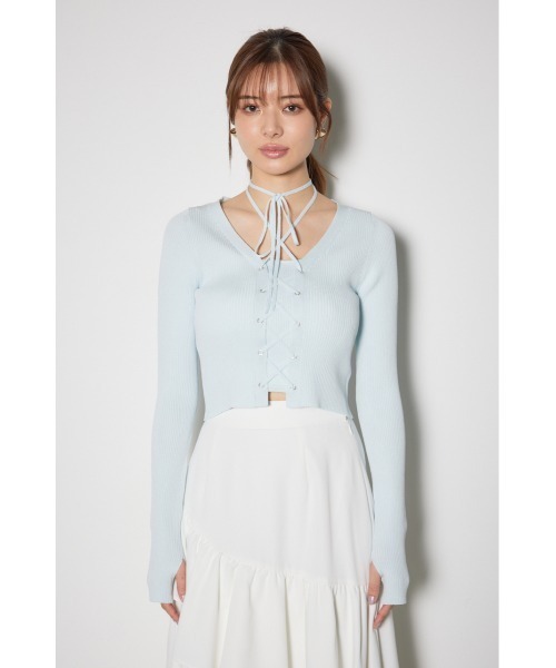 rienda（リエンダ）の「レースアップリブニットトップス（ニット/セーター・レディース・ブラック/ライトブルー/ホワイト/ベージュ・FREE）」の15枚目の写真