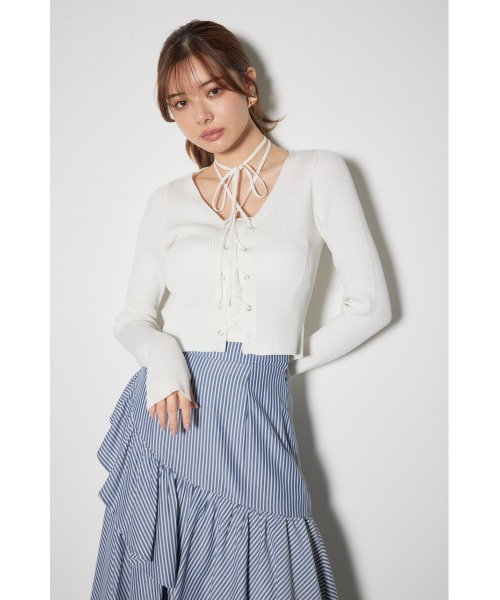 rienda リエンダ　レースコンビリブニットトップス 夏服 半袖 サマーニット セール】レースアップリブニットトップス（ニット/セーター