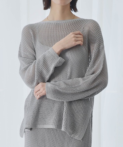 LOWO(ロワ)の「メッシュニットシアープルオーバー・ナロースカート セットアップ 上下セット(セットアップ・レディース・ブラック/オフホワイト/グレー・FREE)」の4枚目の写真
