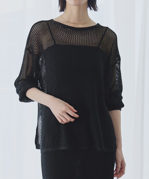 LOWO(ロワ)の「メッシュニットシアープルオーバー・ナロースカート セットアップ 上下セット(セットアップ・レディース・ブラック/オフホワイト/グレー・FREE)」の5枚目の写真