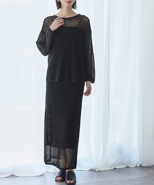 LOWO(ロワ)の「メッシュニットシアープルオーバー・ナロースカート セットアップ 上下セット(セットアップ・レディース・ブラック/オフホワイト/グレー・FREE)」の7枚目の写真