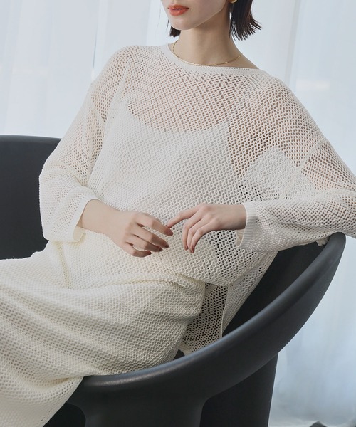 LOWO(ロワ)の「メッシュニットシアープルオーバー・ナロースカート セットアップ 上下セット(セットアップ・レディース・ブラック/オフホワイト/グレー・FREE)」の9枚目の写真