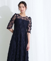 バックリボン フレア タック 結婚式 二次会 パーティー ドレス ギャザースリーブスパンコール 七分袖&ミモレ丈 お呼ばれ 同窓会 成人式 オケージョンドレス フォーマル 謝恩会 20代 30代