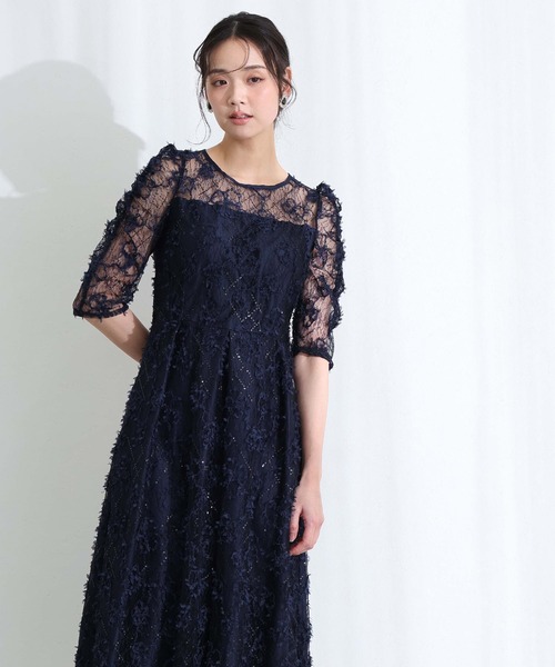 PourVous(プールヴー)の「バックリボン フレア タック 結婚式 二次会 パーティー ドレス ギャザースリーブスパンコール 七分袖&ミモレ丈 お呼ばれ 同窓会 成人式 オケージョンドレス フォーマル 謝恩会 20代 30代(ドレス・レディース・ブラック/ネイビー/ベージュ・S/M)」の3枚目の写真