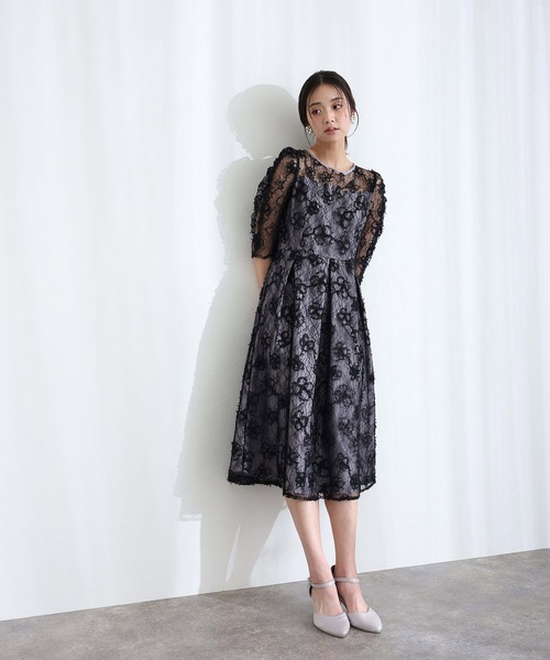 PourVous(プールヴー)の「バックリボン フレア タック 結婚式 二次会 パーティー ドレス ギャザースリーブスパンコール 七分袖&ミモレ丈 お呼ばれ 同窓会 成人式 オケージョンドレス フォーマル 謝恩会 20代 30代(ドレス・レディース・ブラック/ネイビー/ベージュ・S/M)」の2枚目の写真