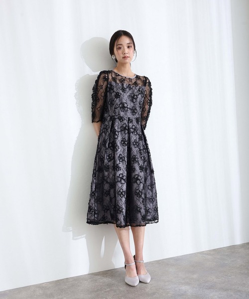 PourVous(プールヴー)の「バックリボン フレア タック 結婚式 二次会 パーティー ドレス ギャザースリーブスパンコール 七分袖&ミモレ丈 お呼ばれ 同窓会 成人式 オケージョンドレス フォーマル 謝恩会 20代 30代(ドレス・レディース・ブラック/ネイビー/ベージュ・S/M)」の7枚目の写真