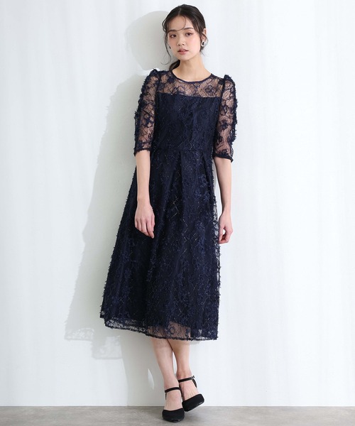 PourVous(プールヴー)の「バックリボン フレア タック 結婚式 二次会 パーティー ドレス ギャザースリーブスパンコール 七分袖&ミモレ丈 お呼ばれ 同窓会 成人式 オケージョンドレス フォーマル 謝恩会 20代 30代(ドレス・レディース・ブラック/ネイビー/ベージュ・S/M)」の8枚目の写真