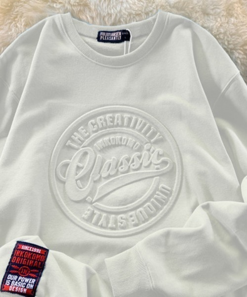 スウェット プルオーバー オーバーサイズ 白 XL エンボス 刺繍