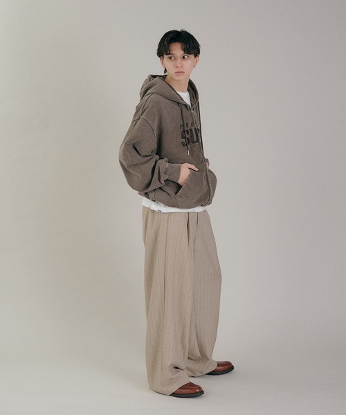 Perushu（ペルーシュ）の「Perushu / NBA ヘビーウェイトヴィンテージ加工ダブルジップロゴ刺繍スウェットフーディ（パーカー・メンズ・ベージュ/ネイビー/チャコールグレー/ライトイエロー/アイボリー/ブラック・LARGE/MEDIUM）」の7枚目の写真