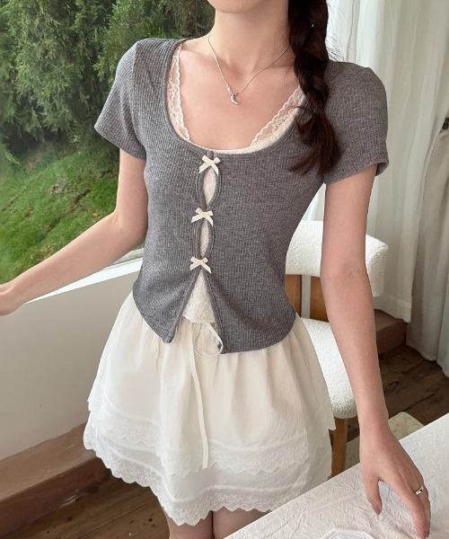 paravion(パラビオン)の「レイヤードリブリボンカットソー(Tシャツ/カットソー・レディース・ホワイト/グレー/ピンク・FREE)」の3枚目の写真