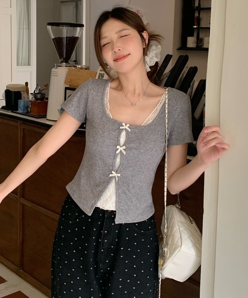 paravion(パラビオン)の「レイヤードリブリボンカットソー(Tシャツ/カットソー・レディース・ホワイト/グレー/ピンク・FREE)」の4枚目の写真