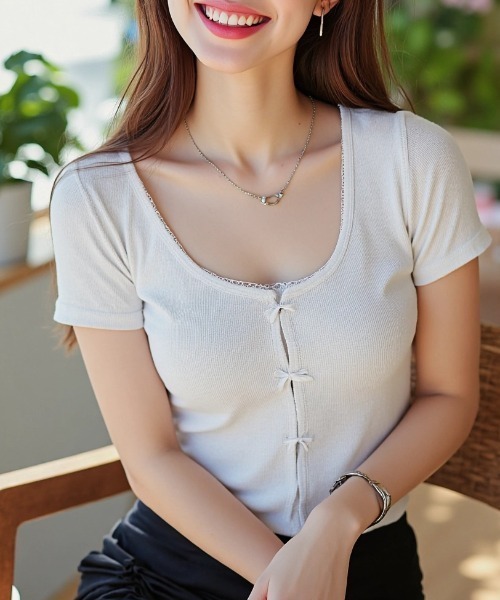 paravion(パラビオン)の「レイヤードリブリボンカットソー(Tシャツ/カットソー・レディース・ホワイト/グレー/ピンク・FREE)」の19枚目の写真