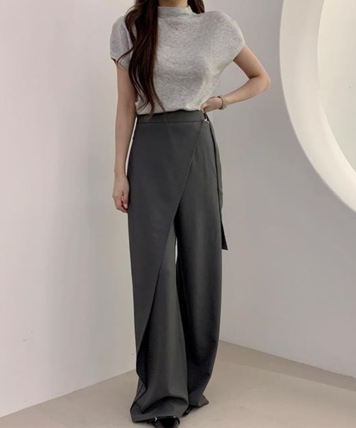 DAY CLOSET(デイ クローゼット)の「レディース 履くだけでこなれ見え。ラップデザインハイウエストストレートワイドパンツ(スラックス・レディース・ダークグレー/グレー系その他・FREE)」の9枚目の写真