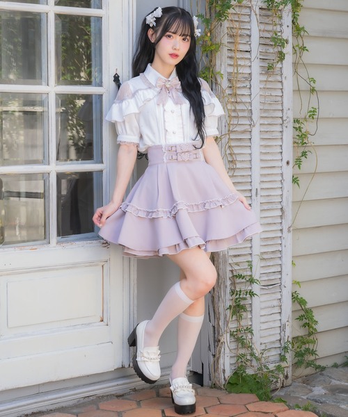 fitmore フィットモア フロッキードット ショルダーフリルブラウス