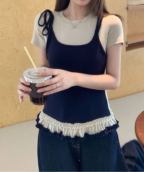 MAISON DE THERESE（メゾン ド テレーズ）の「カラーブロック フェイクツーピース Tシャツ（Tシャツ/カットソー・レディース・ネイビー/ブラック/グレー・S/M/L）」の4枚目の写真