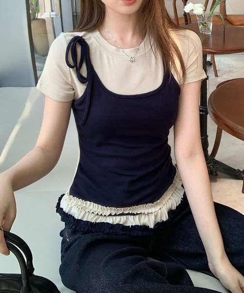 MAISON DE THERESE（メゾン ド テレーズ）の「カラーブロック フェイクツーピース Tシャツ（Tシャツ/カットソー・レディース・ネイビー/ブラック/グレー・S/M/L）」の6枚目の写真