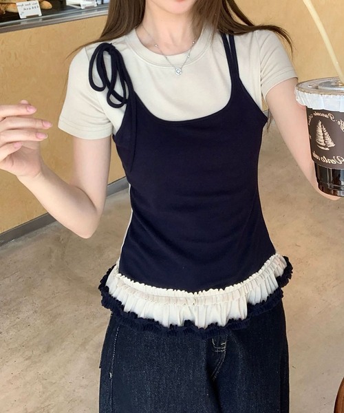 MAISON DE THERESE（メゾン ド テレーズ）の「カラーブロック フェイクツーピース Tシャツ（Tシャツ/カットソー・レディース・ネイビー/ブラック/グレー・S/M/L）」の7枚目の写真