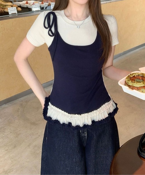 MAISON DE THERESE（メゾン ド テレーズ）の「カラーブロック フェイクツーピース Tシャツ（Tシャツ/カットソー・レディース・ネイビー/ブラック/グレー・S/M/L）」の8枚目の写真