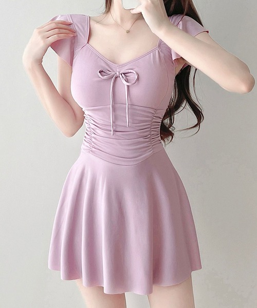 セール】シャーリング フリル袖 フレア ワンピース 水着（水着