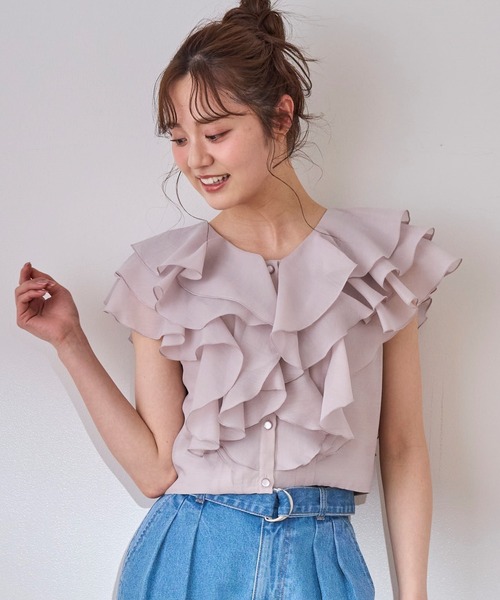 31 Sons de mode（トランテアン　ソン　ドゥ　モード）の「2025春夏新作 シアーフリルブラウス（シャツ/ブラウス・レディース・オフホワイト/ブラック/カーキ/ライトグレー・ﾌﾘ-）」の14枚目の写真