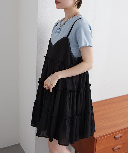 セール】【3色展開】ティアードミニキャミワンピース（ワンピース）｜w