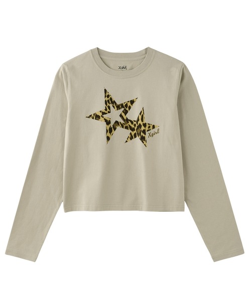 X-girl(エックスガール)の「LEOPARD STAR L/S BABY TEE(Tシャツ/カットソー・レディース・ブラック/オリーブ/ベージュ・M/S)」の3枚目の写真
