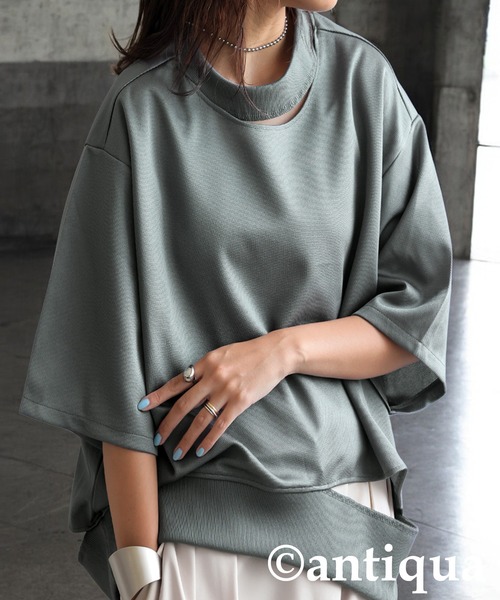 antiqua(アンティカ)の「アシメネックトップス(Tシャツ/カットソー・レディース・ベージュ/ブラック/ブルー系その他/グレー・ONESIZE)」の3枚目の写真