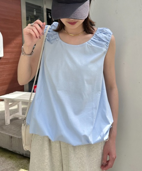 CIAOPANIC TYPY（チャオパニックティピー）の「ギャザードロストノースリーブブラウスTee（Tシャツ/カットソー・レディース・レッド/オフホワイト/サックスブルー/ブラック・ONE SIZE）」の4枚目の写真