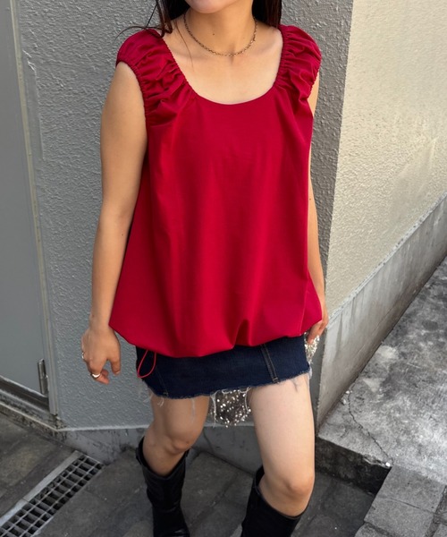 CIAOPANIC TYPY（チャオパニックティピー）の「ギャザードロストノースリーブブラウスTee（Tシャツ/カットソー・レディース・レッド/オフホワイト/サックスブルー/ブラック・ONE SIZE）」の19枚目の写真