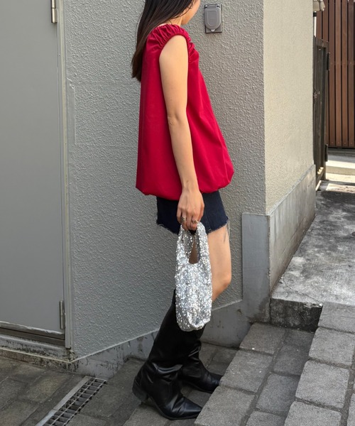 CIAOPANIC TYPY（チャオパニックティピー）の「ギャザードロストノースリーブブラウスTee（Tシャツ/カットソー・レディース・レッド/オフホワイト/サックスブルー/ブラック・ONE SIZE）」の13枚目の写真