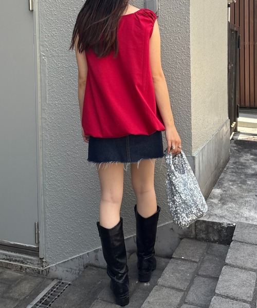 CIAOPANIC TYPY（チャオパニックティピー）の「ギャザードロストノースリーブブラウスTee（Tシャツ/カットソー・レディース・レッド/オフホワイト/サックスブルー/ブラック・ONE SIZE）」の12枚目の写真