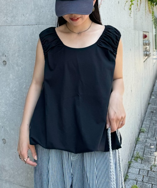 セール】ギャザードロストノースリーブブラウスTee（Tシャツ