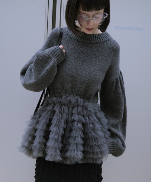 HONEY MI HONEY(ハニーミーハニー)の「tulle tiered knit pullover(ニット/セーター・レディース・オフホワイト/グレー/ブラック・FREE)」の1枚目の写真