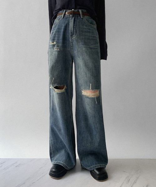 on:nue（オンニュ）の「【on:nue】[サイズ展開あり] クラッシュダメージデニムパンツ（デニムパンツ・レディース・ブルー・LARGE/MEDIUM/SMALL）」の6枚目の写真
