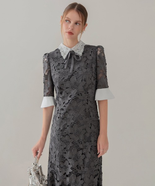 leja パールカラーボウタイフラワーレースフィッシュテールワンピースドレス レジャ Leja パールカラーボウタイフラワーレースフィッシュテール