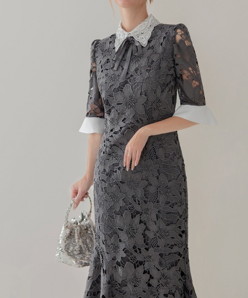 【Leja】パールカラーボウタイフラワーレースフィッシュテールワンピース S LEJA】パールカラーボウタイフラワーレースフィッシュテールワンピース