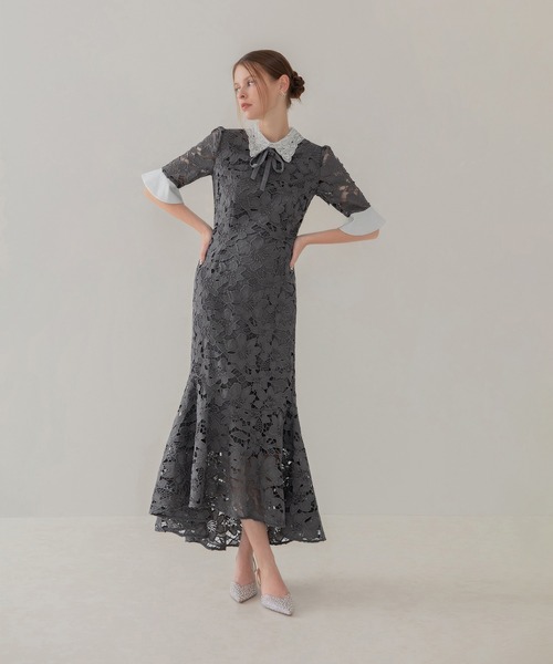 【Leja】パールカラーボウタイフラワーレースフィッシュテールワンピース S LEJA】パールカラーボウタイフラワーレースフィッシュテールワンピース