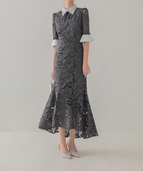 セール】【LEJA】パールカラーボウタイフラワーレースフィッシュテール