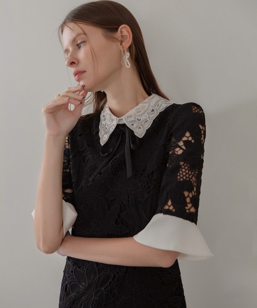 Leja（レジャ）の「【LEJA】パールカラーボウタイフラワーレースフィッシュテールワンピースドレス美脚効果結婚式 パーティードレス 成人式 二次会 同窓会 お呼ばれ オケージョン 20代 30代（ドレス・レディース・ブラック/グレー・SMALL/MEDIUM）」の12枚目の写真