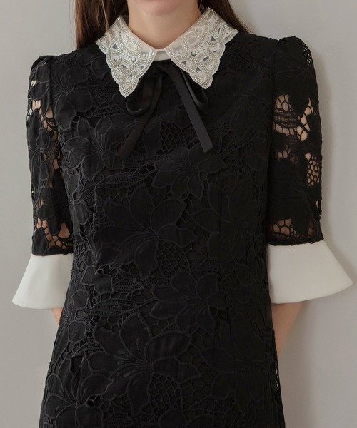 LEJA】パールカラーボウタイフラワーレースフィッシュテールワンピース