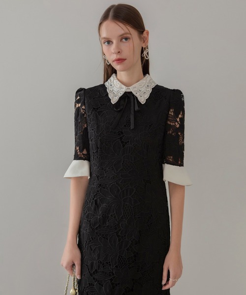 【Leja】パールカラーボウタイフラワーレースフィッシュテールワンピースドレスS 一部当日発送】パールカラーボウタイフラワーレースフィッシュ