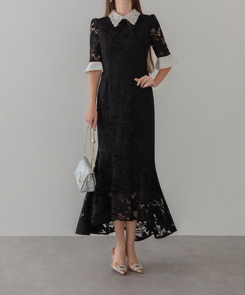LEJA】パールカラーボウタイフラワーレースフィッシュテールワンピース