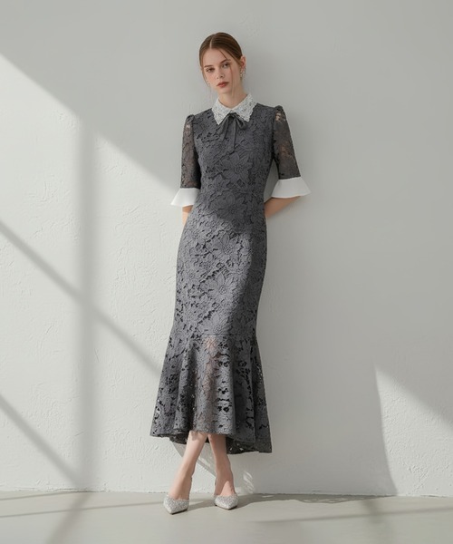 かりの　新品未使用【LEJA】 レジャ　ドレス　ワンピース セール】【LEJA】美脚効果ハイウエストチュールレース切り替え