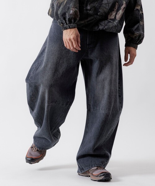 セール】ワイドシルエット カーブデニムパンツ ワンウォッシュ(デニム セール】ワイドシルエット カーブデニムパンツ ワンウォッシュ(デニム