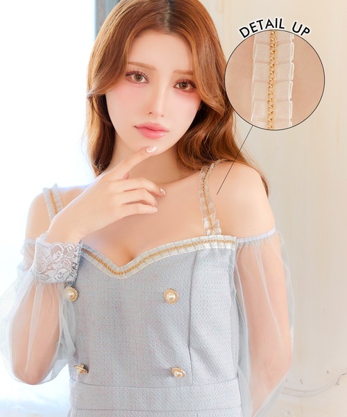 DAZZY(デイジー)の「ツイード フリル チェーン オフショル チュール袖 マーメイド ミニドレス(ドレス・レディース・ピンク/ライトブルー・S/M/L)」の4枚目の写真