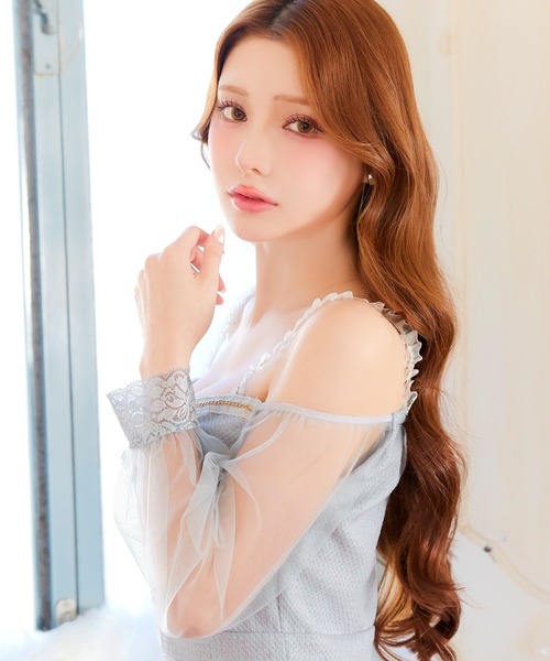 DAZZY(デイジー)の「ツイード フリル チェーン オフショル チュール袖 マーメイド ミニドレス(ドレス・レディース・ピンク/ライトブルー・S/M/L)」の7枚目の写真